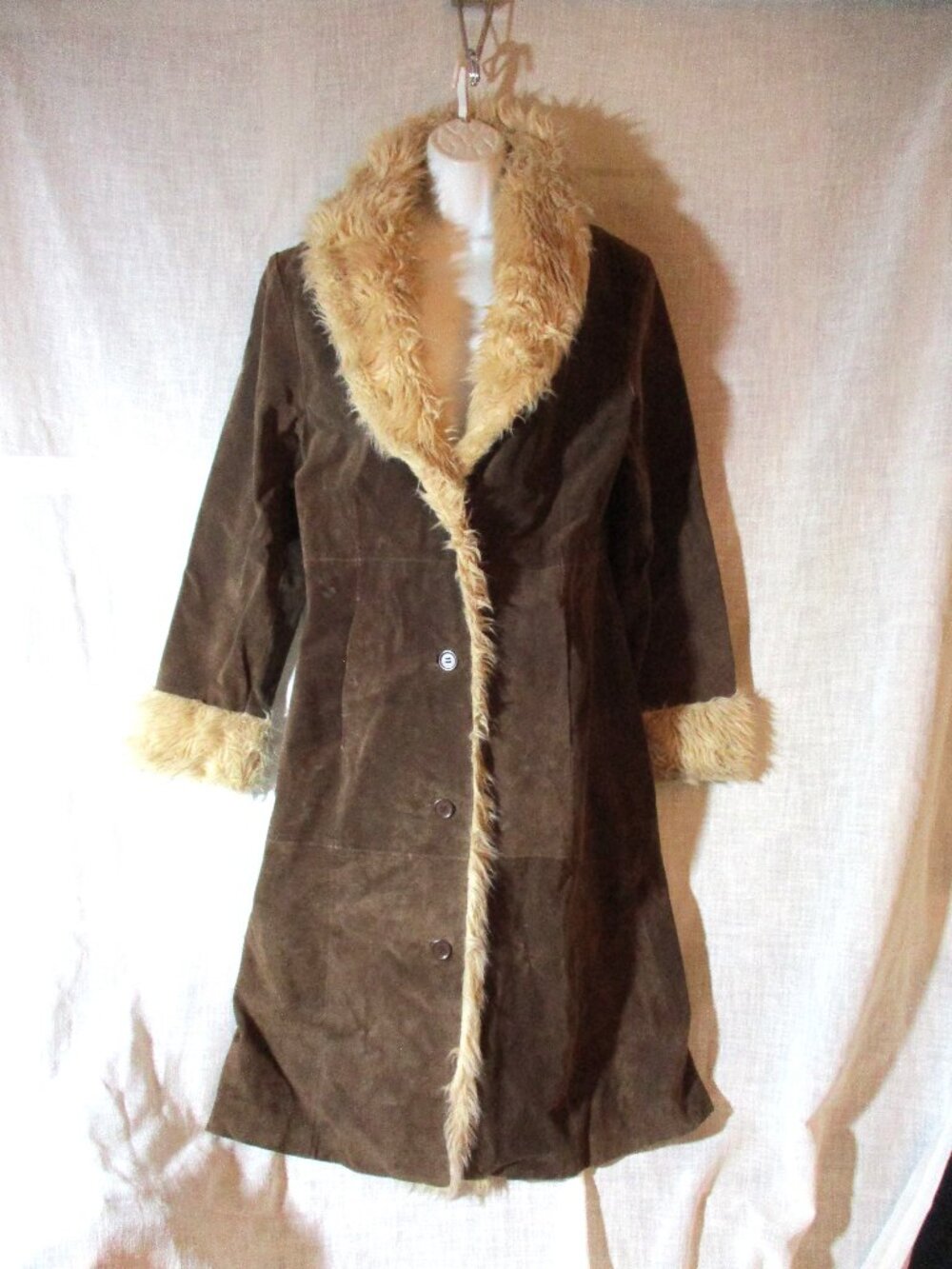 Womens WILSONS LEATHER MAXIMA Suede Fur Parka Maxi Coat Jacket M BROWN